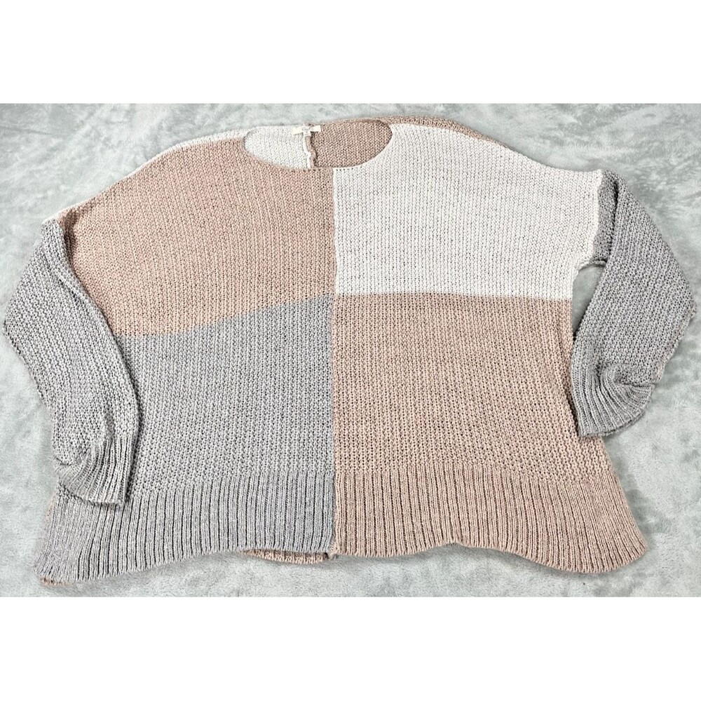 Easel Color Block Knit Sweater Womens Size S Oversized Beige Gray White Slits